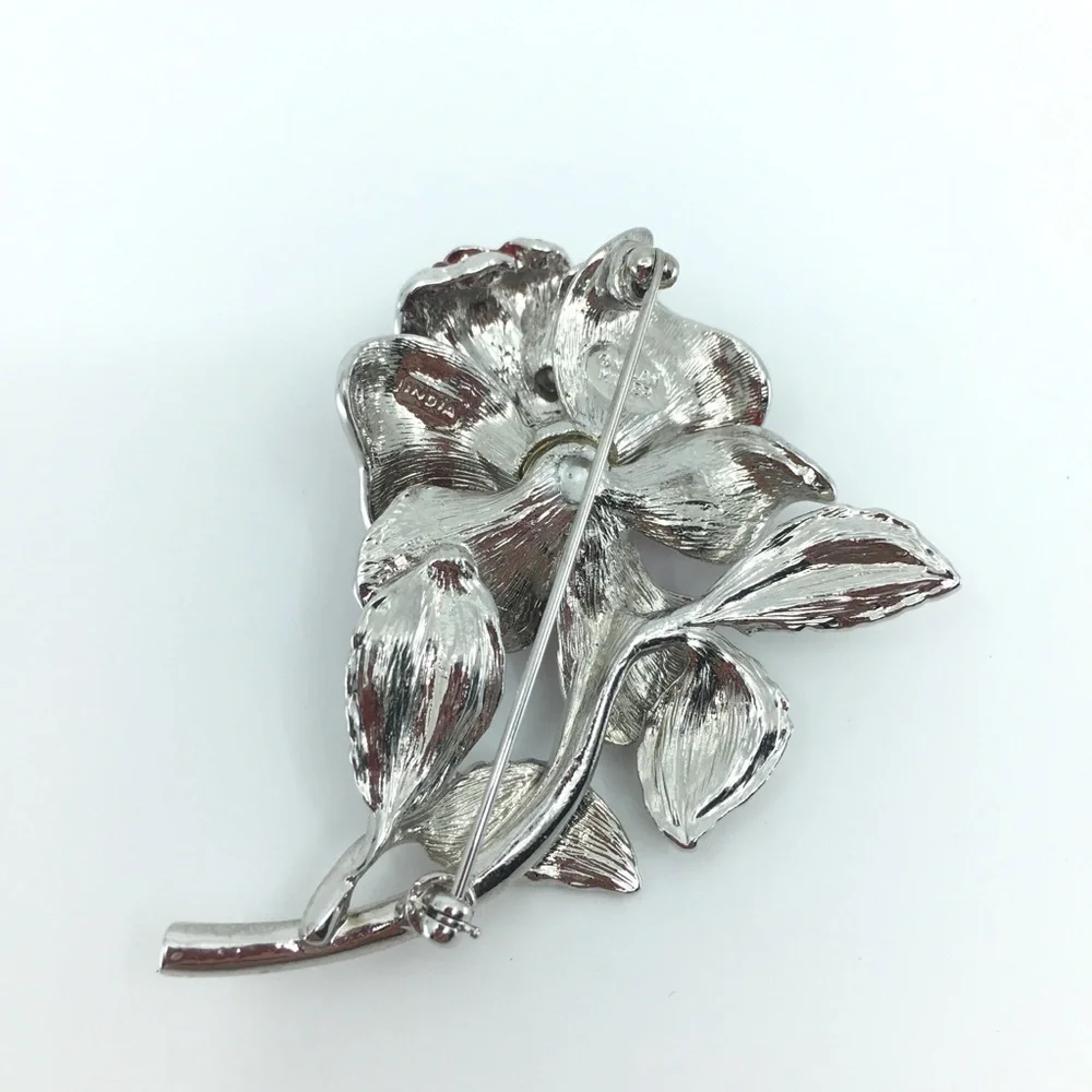 Vintage Nolan Miller Rhinestone Enamel Red Rose Brooch Pin Silver Tone Romantic